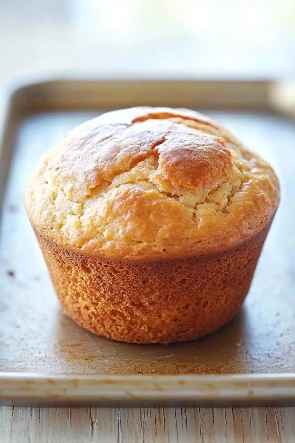 Muffin allo yogurt friggitrice ad aria - the image shows a freshly baked muffin on a baking tray. the muffin is golden brown in color and has a soft, fluffy texture. it appears to be freshly baked and is sitting on a wooden surface. the tray is lined with parchment paper and there is a window in the background, letting in natural light. the overall mood of the image is warm and inviting.