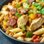 One pot cajun chicken and sausage pasta jambalaya - the image is a close-up of a dish in a black bowl. the dish appears to be a pasta dish with chunks of chicken, sausage, and vegetables mixed in. the pasta is long and thin, and the vegetables are bright red and yellow. the chicken is cut into small pieces and is scattered throughout the dish. there are also some green onions and red bell peppers. the bowl is sitting on a wooden table, and there is a blurred background.