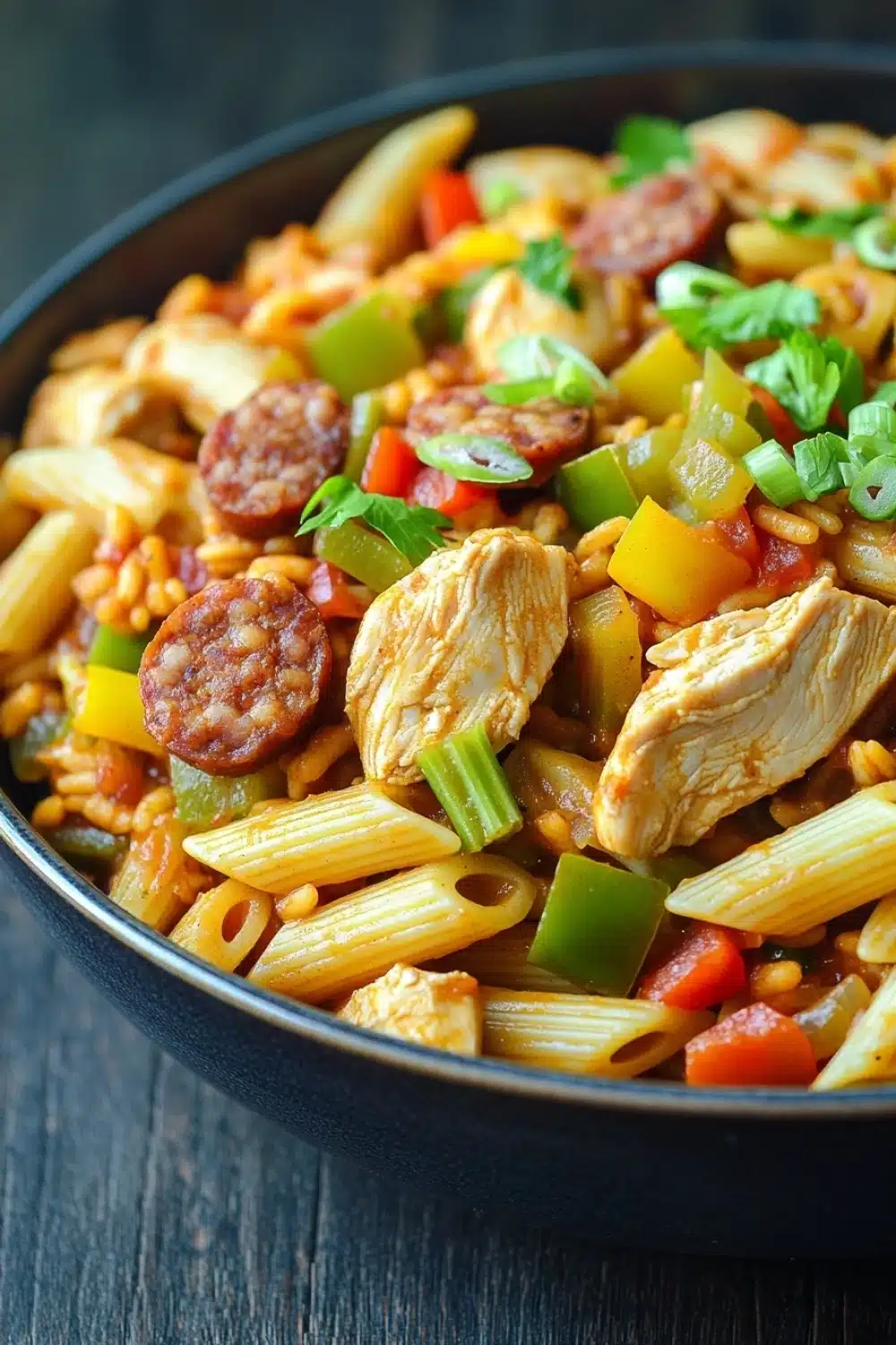 One pot cajun chicken and sausage pasta jambalaya - the image is a close-up of a dish in a black bowl. the dish appears to be a pasta dish with chunks of chicken, sausage, and vegetables mixed in. the pasta is long and thin, and the vegetables are bright red and yellow. the chicken is cut into small pieces and is scattered throughout the dish. there are also some green onions and red bell peppers. the bowl is sitting on a wooden table, and there is a blurred background.