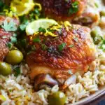 One pot chicken and rice with olives - the image shows a plate of food with a dish of chicken and rice. the chicken is cooked to a golden brown color and appears to be seasoned with herbs and spices. the rice is white and fluffy, and there are small green olives scattered throughout the dish. on top of the chicken, there are slices of lemon and a sprig of parsley. the dish is garnished with a sprinkle of lemon wedges. the plate is sitting on a dark blue tablecloth.
