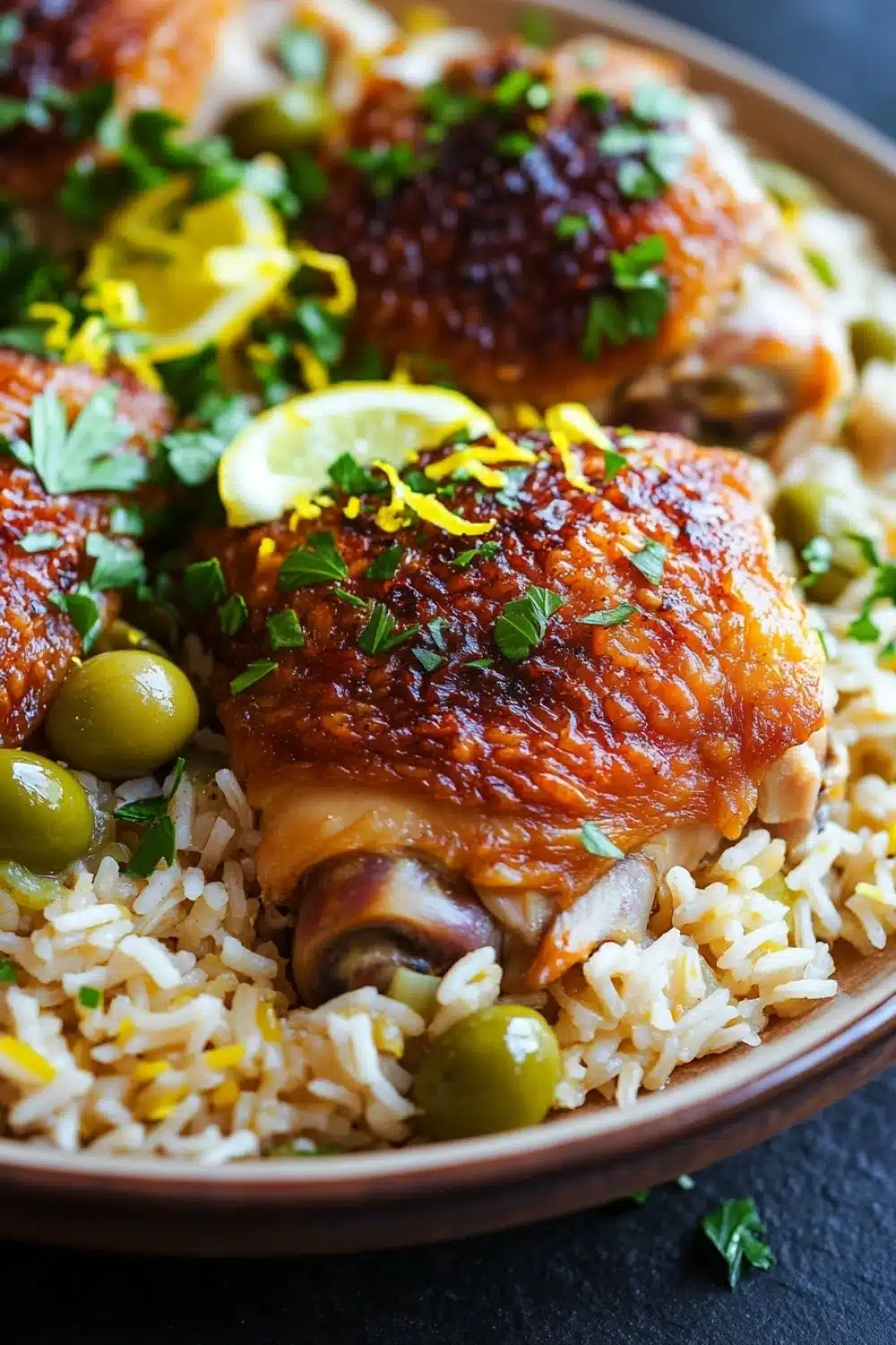 One pot chicken and rice with olives - the image shows a plate of food with a dish of chicken and rice. the chicken is cooked to a golden brown color and appears to be seasoned with herbs and spices. the rice is white and fluffy, and there are small green olives scattered throughout the dish. on top of the chicken, there are slices of lemon and a sprig of parsley. the dish is garnished with a sprinkle of lemon wedges. the plate is sitting on a dark blue tablecloth.