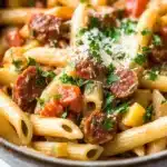 One pot pasta and chorizo - the image is a close-up of a bowl of penne pasta with sausage and tomato sauce. the pasta is cooked al dente and is topped with chunks of sausage, diced tomatoes, and chopped parsley. the dish is garnished with grated parmesan cheese. the bowl is made of ceramic and is sitting on a white countertop. the background is blurred, but it appears to be a kitchen countertop with a white tablecloth.