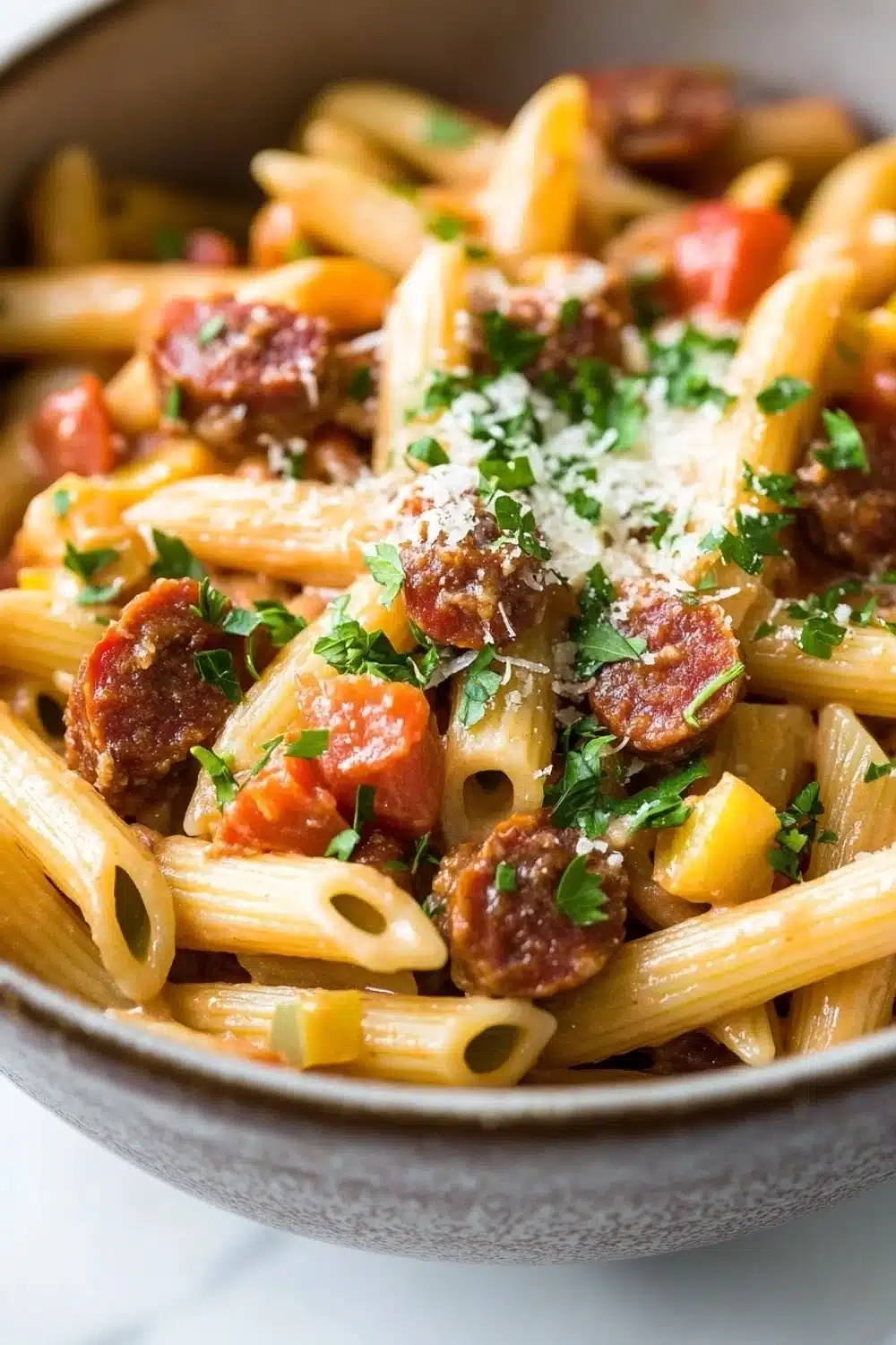 One pot pasta and chorizo - the image is a close-up of a bowl of penne pasta with sausage and tomato sauce. the pasta is cooked al dente and is topped with chunks of sausage, diced tomatoes, and chopped parsley. the dish is garnished with grated parmesan cheese. the bowl is made of ceramic and is sitting on a white countertop. the background is blurred, but it appears to be a kitchen countertop with a white tablecloth.