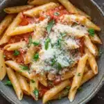 One pot pasta jar sauce - the image shows a bowl of penne pasta with tomato sauce and grated parmesan cheese on top. the pasta is cooked al dente and is arranged in a circular pattern in the bowl. the sauce is a deep red color and appears to be tomato-based. there are also some fresh basil leaves scattered around the bowl, adding a pop of green color to the dish. the bowl is sitting on a wooden table with a few sprigs of basil scattered around it.