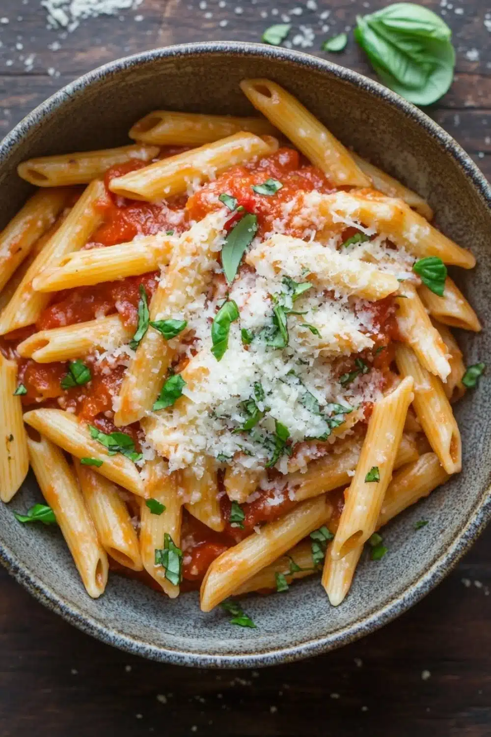 One pot pasta jar sauce - the image shows a bowl of penne pasta with tomato sauce and grated parmesan cheese on top. the pasta is cooked al dente and is arranged in a circular pattern in the bowl. the sauce is a deep red color and appears to be tomato-based. there are also some fresh basil leaves scattered around the bowl, adding a pop of green color to the dish. the bowl is sitting on a wooden table with a few sprigs of basil scattered around it.