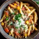 One pot pasta with ground beef - the image is a close-up of a bowl of pasta dish. the pasta appears to be penne, which is a type of penne pasta, and it is topped with ground beef, diced tomatoes, and chunks of yellow bell peppers. the dish is garnished with a sprinkle of grated parmesan cheese. the bowl is made of ceramic and is sitting on a wooden table. there are a few sprigs of parsley scattered around the bowl. the overall color palette of the dish is warm and inviting, with shades of red, orange, and yellow.