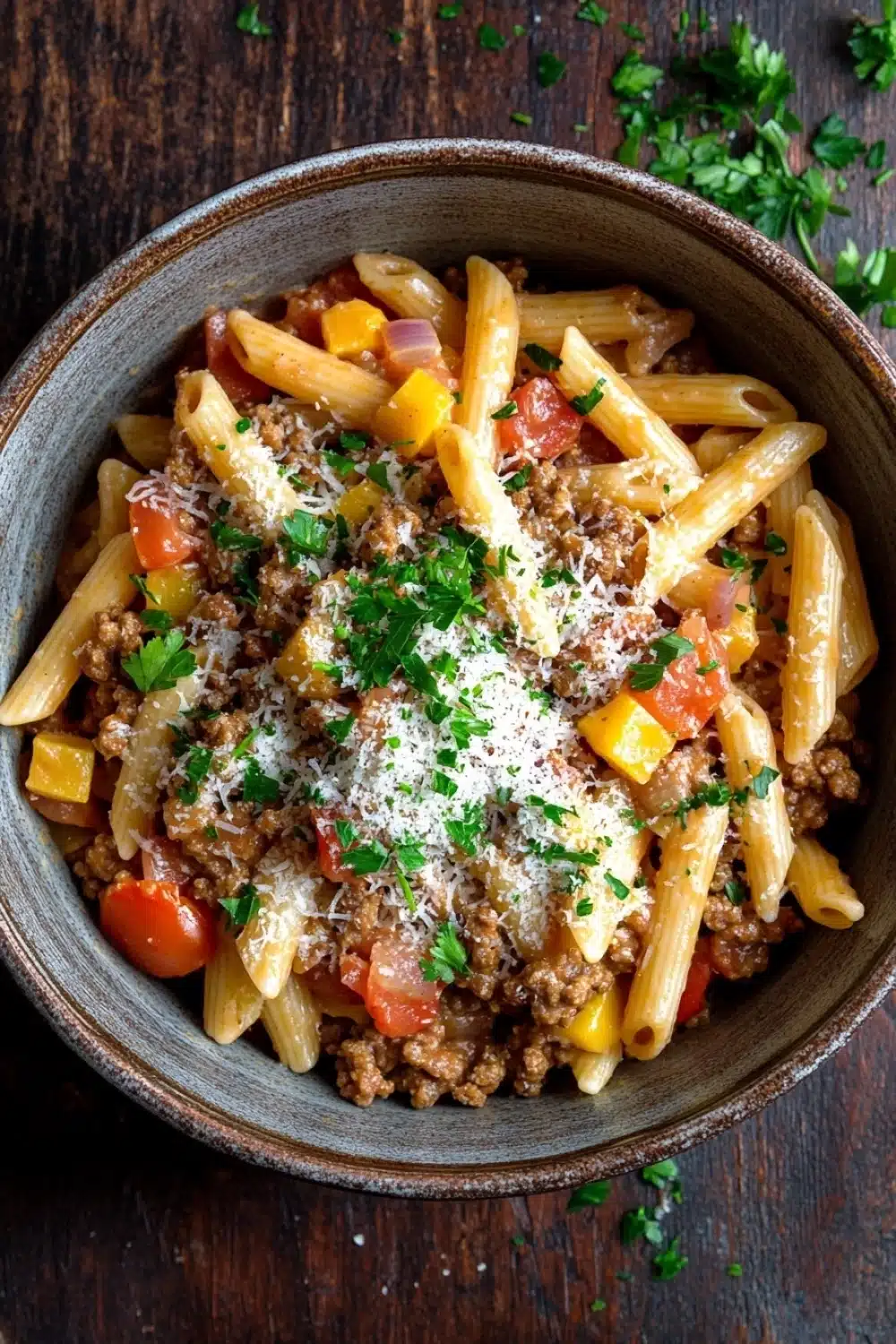 One pot pasta with ground beef - the image is a close-up of a bowl of pasta dish. the pasta appears to be penne, which is a type of penne pasta, and it is topped with ground beef, diced tomatoes, and chunks of yellow bell peppers. the dish is garnished with a sprinkle of grated parmesan cheese. the bowl is made of ceramic and is sitting on a wooden table. there are a few sprigs of parsley scattered around the bowl. the overall color palette of the dish is warm and inviting, with shades of red, orange, and yellow.