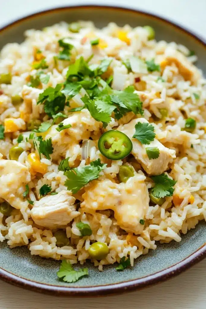 One pot queso chicken rice - the image is a close-up of a plate of rice dish. the rice appears to be cooked and has a light brown color. on top of the rice, there are chunks of chicken, green peas, and yellow bell peppers. the dish is garnished with fresh cilantro leaves. the plate is sitting on a wooden table.
