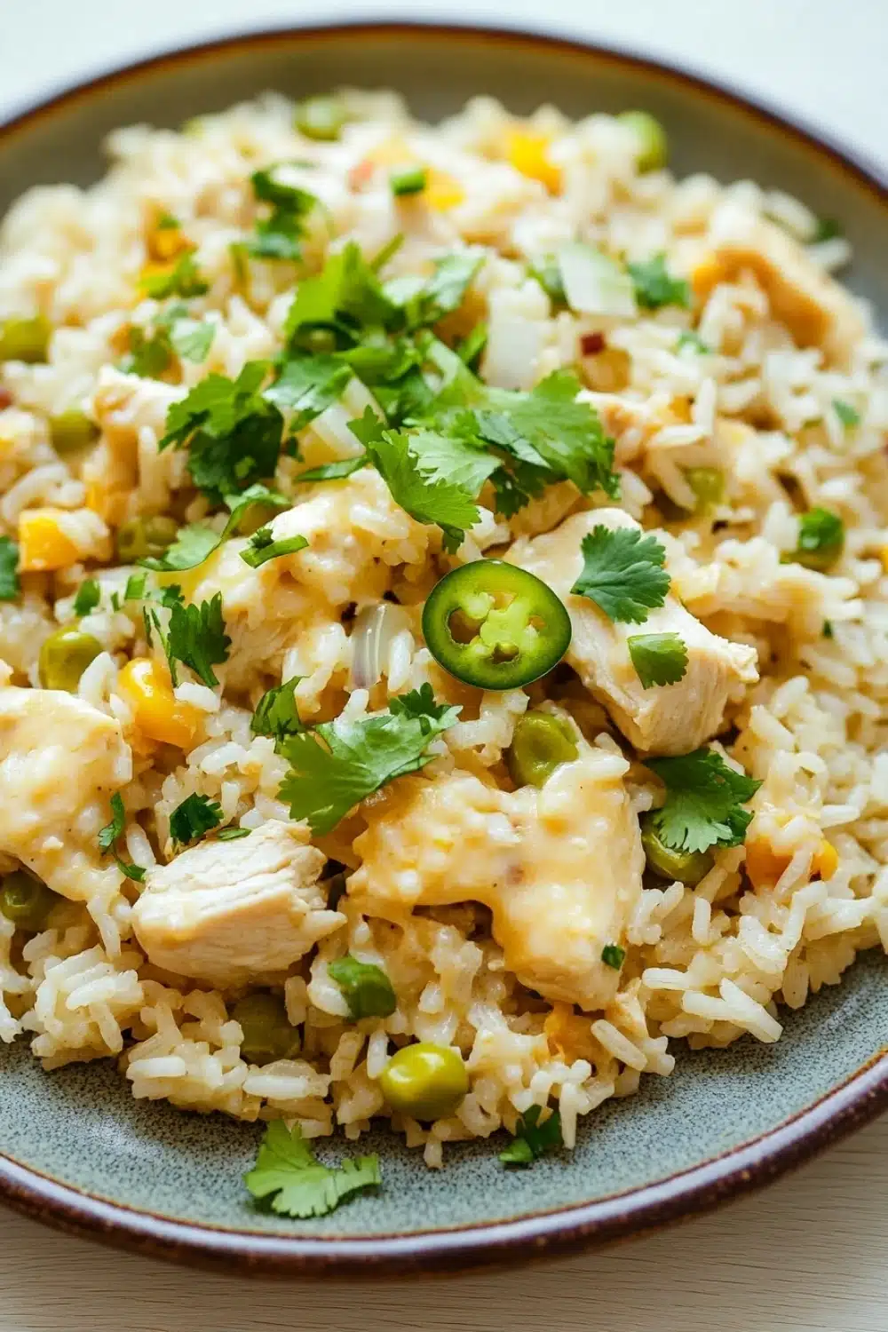 One pot queso chicken rice - the image is a close-up of a plate of rice dish. the rice appears to be cooked and has a light brown color. on top of the rice, there are chunks of chicken, green peas, and yellow bell peppers. the dish is garnished with fresh cilantro leaves. the plate is sitting on a wooden table.