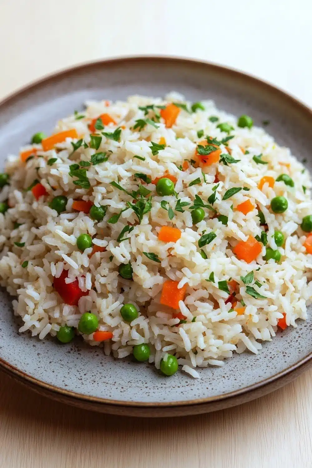 One pot rice - the image is a close-up of a plate of rice dish. the plate is round and has a light brown color with a speckled texture. the rice is white and fluffy, and it is mixed with various vegetables such as peas, carrots, and red bell peppers. the vegetables are garnished with chopped parsley. the dish appears to be freshly cooked and ready to eat.