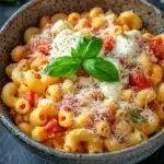 Pasta dinner for kids - the image is a close-up of a bowl of pasta dish. the pasta appears to be penne, which is a type of spiral-shaped pasta, and is cooked in a tomato-based sauce. the dish is garnished with fresh basil leaves and a dollop of parmesan cheese on top. the bowl is made of ceramic and is sitting on a dark grey textured surface. there are a few basil leaves scattered around the bowl, adding a pop of green color to the dish.