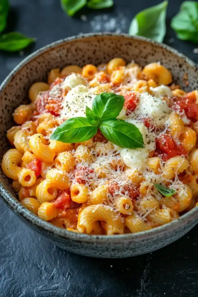 Pasta dinner for kids - the image is a close-up of a bowl of pasta dish. the pasta appears to be penne, which is a type of spiral-shaped pasta, and is cooked in a tomato-based sauce. the dish is garnished with fresh basil leaves and a dollop of parmesan cheese on top. the bowl is made of ceramic and is sitting on a dark grey textured surface. there are a few basil leaves scattered around the bowl, adding a pop of green color to the dish.