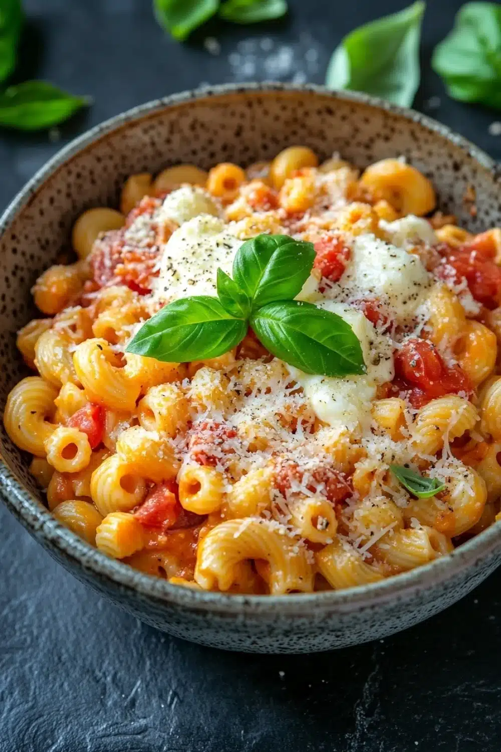 Pasta dinner for kids - the image is a close-up of a bowl of pasta dish. the pasta appears to be penne, which is a type of spiral-shaped pasta, and is cooked in a tomato-based sauce. the dish is garnished with fresh basil leaves and a dollop of parmesan cheese on top. the bowl is made of ceramic and is sitting on a dark grey textured surface. there are a few basil leaves scattered around the bowl, adding a pop of green color to the dish.