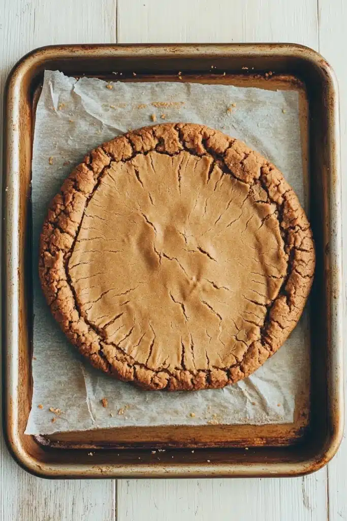 Peanut butter cookie crust dessert - the image shows a freshly baked pie in a rectangular baking tray. the pie has a golden brown crust on top and appears to be freshly baked. the crust is crinkled and has a crumbly texture. the tray is lined with parchment paper, which is resting on a white wooden surface. the background is blurred, but it seems to be a kitchen countertop.