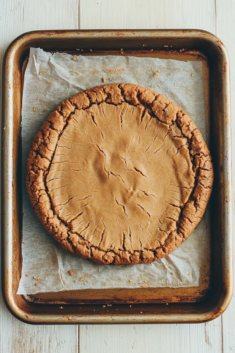 Peanut butter cookie crust dessert - the image shows a freshly baked pie in a rectangular baking tray. the pie has a golden brown crust on top and appears to be freshly baked. the crust is crinkled and has a crumbly texture. the tray is lined with parchment paper, which is resting on a white wooden surface. the background is blurred, but it seems to be a kitchen countertop.