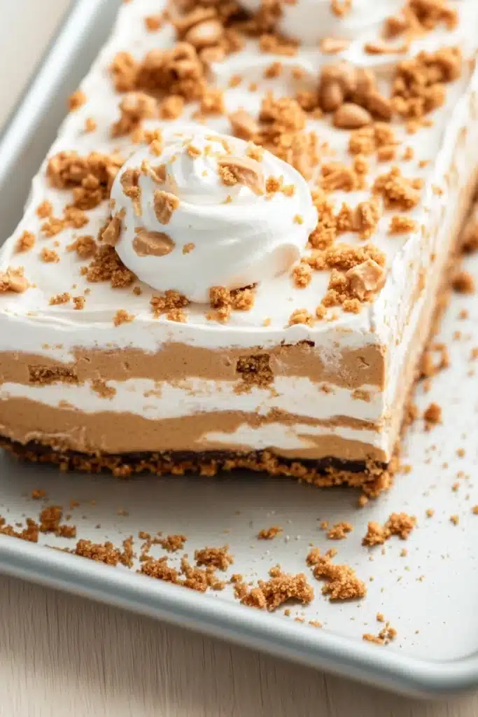 Peanut butter cookie layered dessert - the image is of a slice of dessert on a white rectangular baking tray. the dessert appears to be a layered dessert with a layer of whipped cream on top. the cream is a light brown color and is drizzled over the top with a crumbly texture. there are also some nuts scattered around the dessert, adding a crunchy texture. the tray is sitting on a wooden table.