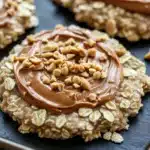 Peanut butter cookie oatmeal - the image shows a close-up of a tray of oatmeal cookies. the cookies are round and golden brown in color, with a layer of chocolate spread on top. the chocolate spread is drizzled over the top of the cookies, creating a smooth and creamy texture. there are also a few scattered nuts on the tray, adding a crunchy texture to the cookies. in the background, there is a black countertop.