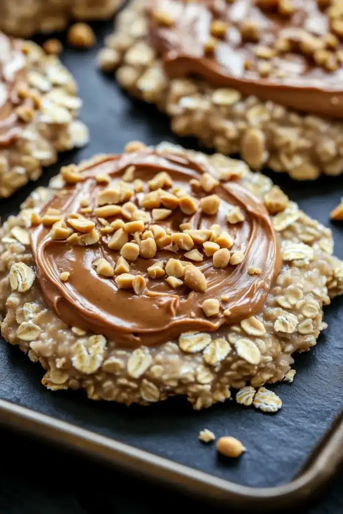 Peanut butter cookie oatmeal - the image shows a close-up of a tray of oatmeal cookies. the cookies are round and golden brown in color, with a layer of chocolate spread on top. the chocolate spread is drizzled over the top of the cookies, creating a smooth and creamy texture. there are also a few scattered nuts on the tray, adding a crunchy texture to the cookies. in the background, there is a black countertop.