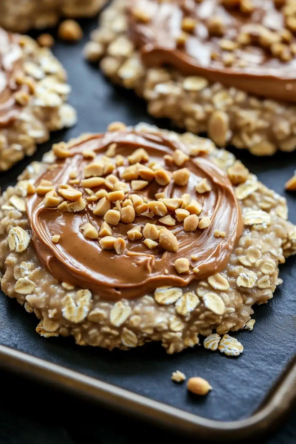 Peanut butter cookie oatmeal - the image shows a close-up of a tray of oatmeal cookies. the cookies are round and golden brown in color, with a layer of chocolate spread on top. the chocolate spread is drizzled over the top of the cookies, creating a smooth and creamy texture. there are also a few scattered nuts on the tray, adding a crunchy texture to the cookies. in the background, there is a black countertop.