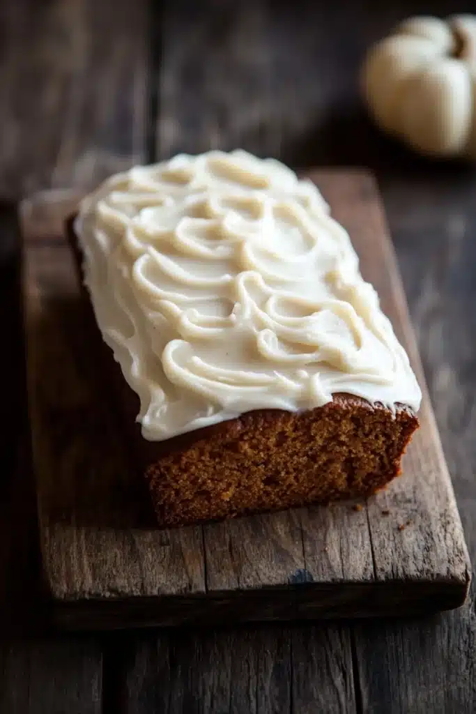 Pumpkin bread icing - the image shows a rectangular loaf of cake on a wooden cutting board. the cake appears to be freshly baked and has a golden brown color. on top of the cake, there is a generous layer of white frosting that is swirled in a swirl pattern. the frosting is smooth and glossy, and the cake looks moist and fluffy. in the background, there are two small white pumpkins, one on the right side of the image and the other on the left side. the cutting board is placed on a dark wooden table.