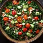 Quinoa kale salad - the image is a close-up of a bowl of salad on a wooden table. the salad is made up of a bed of green kale, sliced cucumbers, cherry tomatoes, and feta cheese. the tomatoes are bright red and appear to be ripe and juicy. the cucumbers are cut into small cubes and are scattered throughout the salad. the feta is crumbled and adds a creamy texture to the dish. there is a sprig of parsley on the side of the bowl, adding a pop of green color to the image.