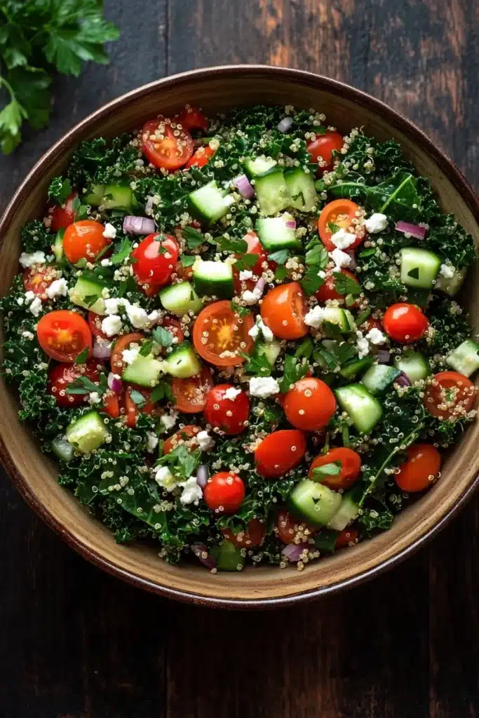 Quinoa kale salad - the image is a close-up of a bowl of salad on a wooden table. the salad is made up of a bed of green kale, sliced cucumbers, cherry tomatoes, and feta cheese. the tomatoes are bright red and appear to be ripe and juicy. the cucumbers are cut into small cubes and are scattered throughout the salad. the feta is crumbled and adds a creamy texture to the dish. there is a sprig of parsley on the side of the bowl, adding a pop of green color to the image.
