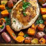 Roasted chicken breast and root vegetables - the image shows a large piece of grilled chicken breast on a baking tray. the chicken breast is golden brown and appears to be seasoned with herbs and spices. it is surrounded by roasted vegetables, including sweet potatoes, red onions, and red onions. the vegetables are arranged in a circular pattern on the tray, with some overlapping each other. the tray is lined with parchment paper, and there are a few sprigs of parsley scattered around the tray.