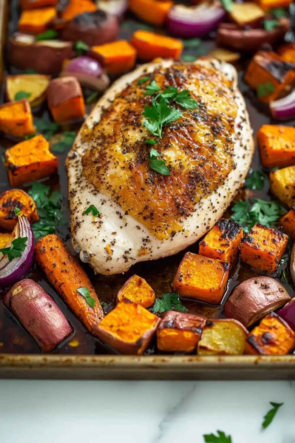 Roasted chicken breast and root vegetables - the image shows a large piece of grilled chicken breast on a baking tray. the chicken breast is golden brown and appears to be seasoned with herbs and spices. it is surrounded by roasted vegetables, including sweet potatoes, red onions, and red onions. the vegetables are arranged in a circular pattern on the tray, with some overlapping each other. the tray is lined with parchment paper, and there are a few sprigs of parsley scattered around the tray.
