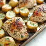 Sheet pan chicken breast and potatoes dinner - the image shows a baking tray filled with cooked chicken and potatoes. the chicken is golden brown and appears to be seasoned with herbs and spices. the potatoes are small and round, and they are arranged in a single layer on the tray. the tray is lined with parchment paper, and the background is a white countertop. the overall appearance of the dish is savory and appetizing.