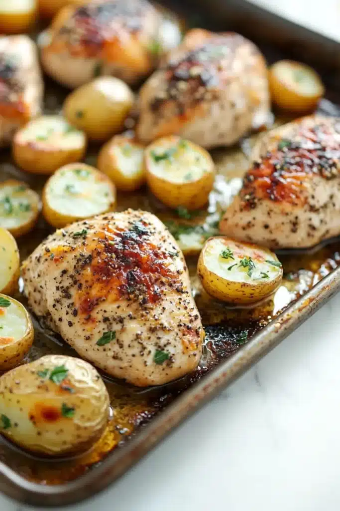 Sheet pan chicken breast and potatoes dinner - the image shows a baking tray filled with cooked chicken and potatoes. the chicken is golden brown and appears to be seasoned with herbs and spices. the potatoes are small and round, and they are arranged in a single layer on the tray. the tray is lined with parchment paper, and the background is a white countertop. the overall appearance of the dish is savory and appetizing.