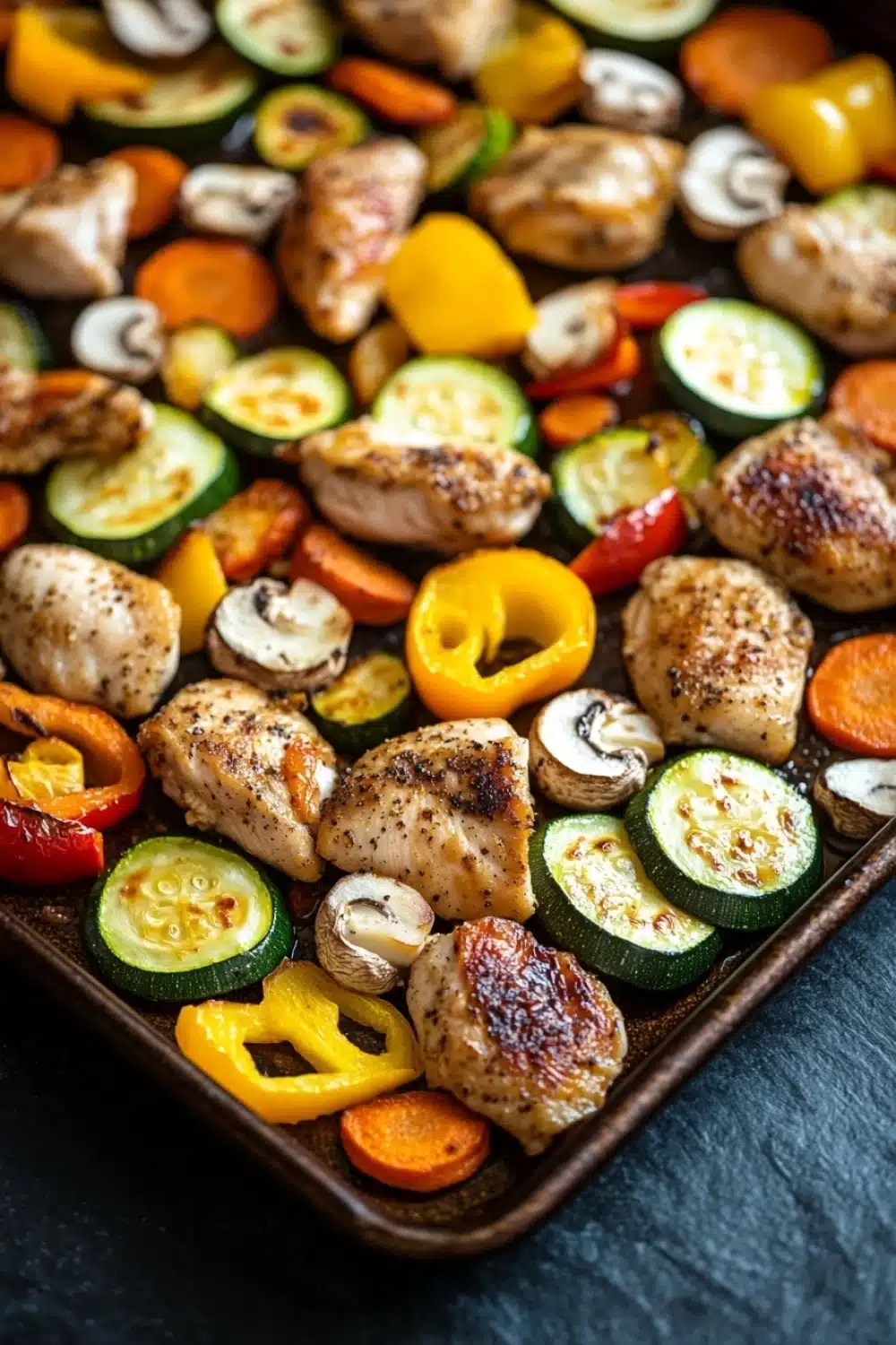 Sheet pan hibachi chicken and vegetables - the image shows a baking tray filled with grilled chicken and vegetables. the chicken is golden brown and appears to be seasoned with herbs and spices. the vegetables are sliced zucchini, bell peppers, and carrots. the tray is lined with parchment paper and is placed on a dark grey countertop. the colors of the vegetables are vibrant and the dish looks appetizing.