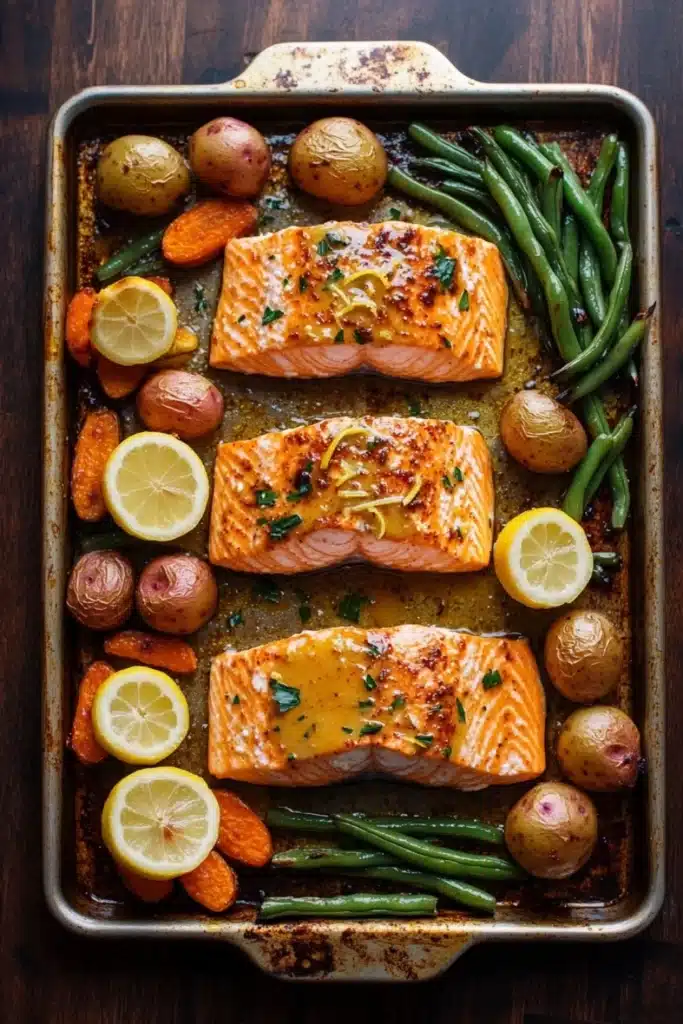 Sheet pan lemon brown butter salmon - the image shows a rectangular baking tray with two pieces of salmon on it. the salmon is cooked to a golden brown color and appears to be seasoned with herbs and spices. the tray is filled with various vegetables, including green beans, potatoes, carrots, and lemons. the vegetables are arranged in a colorful and appetizing manner, with some of them overlapping each other. the background is a wooden table, and the tray is lined with parchment paper.