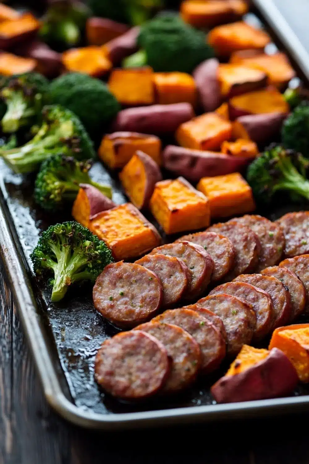 Sheet pan sausage sweet potato broccoli - the image shows a baking tray filled with various types of food. on the left side of the tray, there are roasted sweet potatoes, broccoli, and sausage. the sweet potatoes are orange in color and have a crispy texture. the broccoli is bright green and looks fresh. the sausage is cut into thin slices and is arranged in a single layer on the tray. the tray is lined with parchment paper and is sitting on a wooden table.