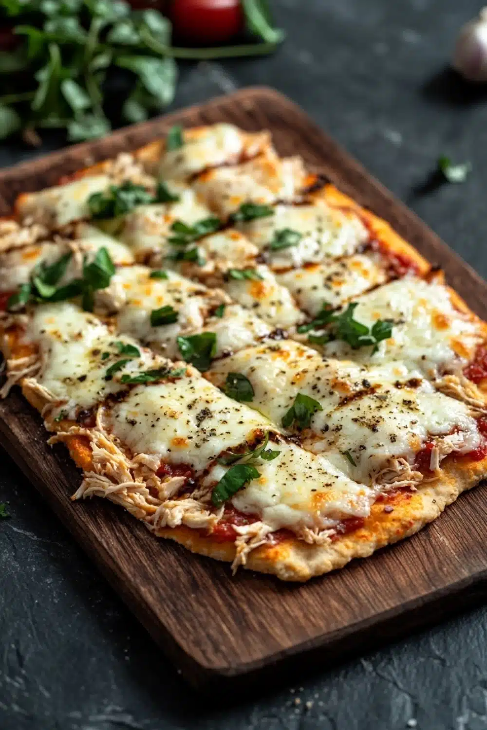 Shredded chicken keto pizza crust - the image shows a freshly baked pizza on a wooden cutting board. the pizza has a golden brown crust and is topped with melted cheese and fresh herbs. the cheese is melted and bubbly, and the herbs are scattered around the edges of the pizza. there are also a few cherry tomatoes and a bunch of arugula on the cutting board, as well as a few garlic cloves. the background is a dark grey countertop.