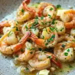 Skillet shrimp scampi - the image is a close-up of a plate of cooked shrimp. the shrimp are orange in color and appear to be seasoned with herbs and spices. they are arranged in a circular pattern on the plate, with some overlapping each other. the plate is white with a speckled pattern, and there is a small amount of butter on the side. the background is blurred, but it appears to be a wooden table or countertop.