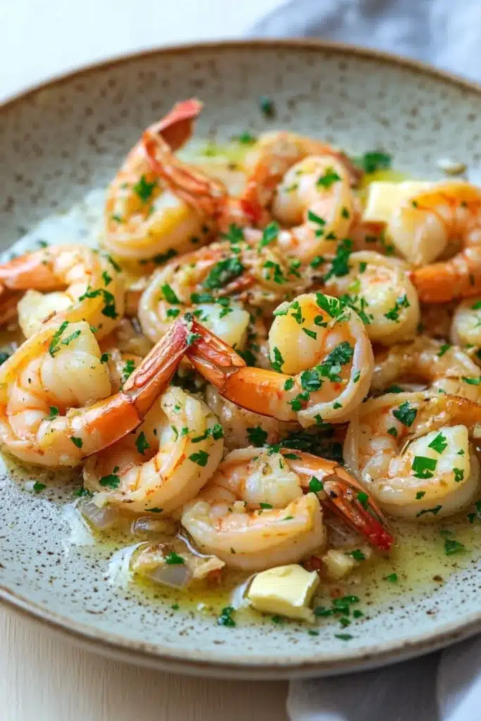 Skillet shrimp scampi - the image is a close-up of a plate of cooked shrimp. the shrimp are orange in color and appear to be seasoned with herbs and spices. they are arranged in a circular pattern on the plate, with some overlapping each other. the plate is white with a speckled pattern, and there is a small amount of butter on the side. the background is blurred, but it appears to be a wooden table or countertop.