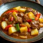 Slow cooker beef kaldereta - the image shows a plate of food on a wooden table. the dish appears to be a stew or stew with chunks of beef, potatoes, and vegetables. the beef is cooked in a rich, brown sauce and is garnished with sliced red and green bell peppers. the potatoes are yellow and appear to be seasoned with herbs and spices. the vegetables are cut into small cubes and are scattered throughout the dish. the plate is blue and has a textured surface. the background is blurred, but it seems to be an indoor setting with a rustic feel.