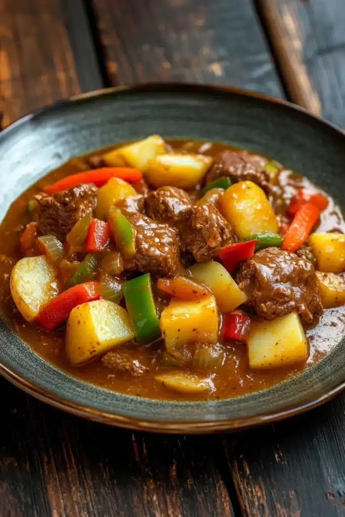 Slow cooker beef kaldereta - the image shows a plate of food on a wooden table. the dish appears to be a stew or stew with chunks of beef, potatoes, and vegetables. the beef is cooked in a rich, brown sauce and is garnished with sliced red and green bell peppers. the potatoes are yellow and appear to be seasoned with herbs and spices. the vegetables are cut into small cubes and are scattered throughout the dish. the plate is blue and has a textured surface. the background is blurred, but it seems to be an indoor setting with a rustic feel.