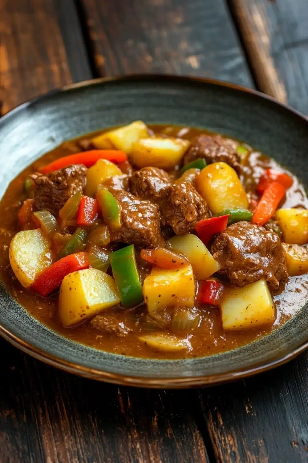 Slow cooker beef kaldereta - the image shows a plate of food on a wooden table. the dish appears to be a stew or stew with chunks of beef, potatoes, and vegetables. the beef is cooked in a rich, brown sauce and is garnished with sliced red and green bell peppers. the potatoes are yellow and appear to be seasoned with herbs and spices. the vegetables are cut into small cubes and are scattered throughout the dish. the plate is blue and has a textured surface. the background is blurred, but it seems to be an indoor setting with a rustic feel.