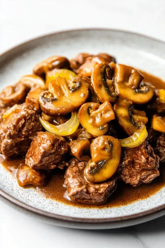 Slow cooker beef mushroom - the image shows a plate of food with a dish of beef and mushrooms. the beef appears to be cooked medium-rare and is covered in a rich, dark brown sauce. the mushrooms are sliced and arranged in a pile on top of the beef. the sauce is a light brown color and is drizzled over the top. the plate is white with a speckled pattern around the edges. the background is blurred, but it seems to be a kitchen countertop.