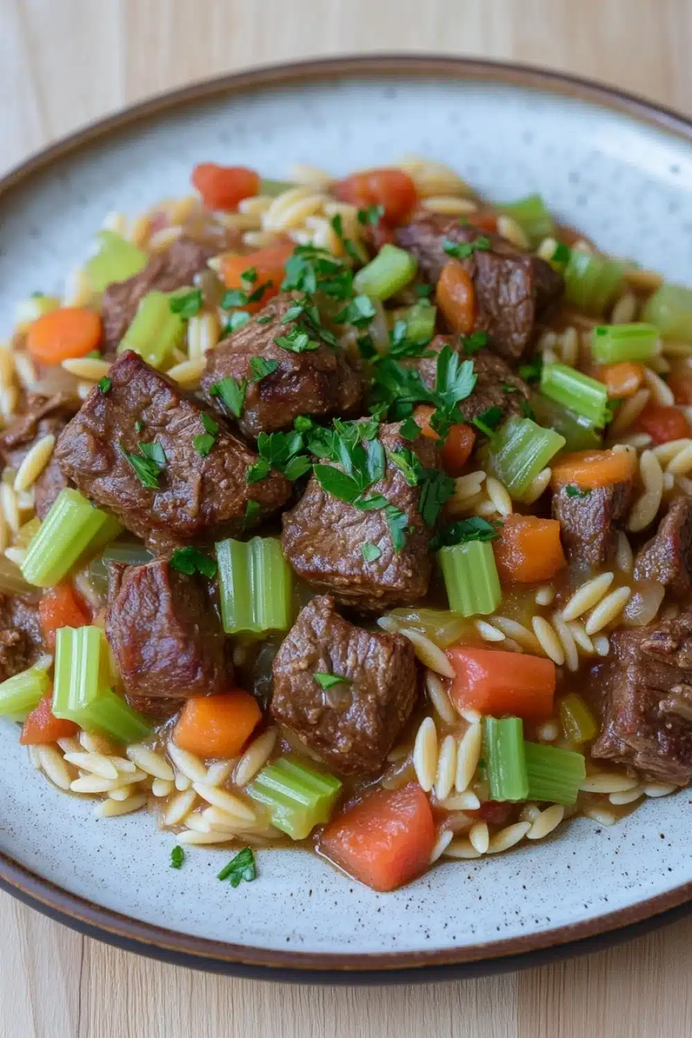 Slow cooker beef orzo - the image is a close-up of a plate of pasta dish. the dish appears to be a beef stew with chunks of beef, carrots, celery, and onions. the beef is cooked in a brown sauce and is garnished with fresh parsley. the pasta is long and thin, and the vegetables are bright orange and red. the plate is white with a blue rim and is sitting on a wooden table.