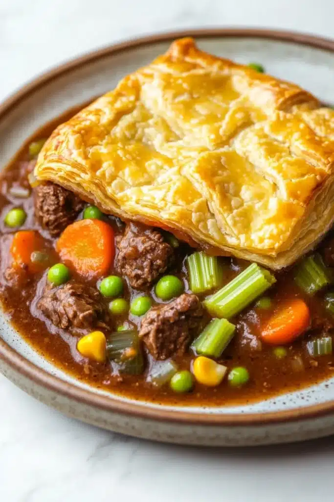 Slow cooker beef pot pie - the image shows a plate of beef stew with a golden brown crust on top. the stew is made with chunks of beef, peas, carrots, celery, and corn. the beef is cooked to a medium-rare and appears to be tender and juicy. the peas are bright green and the carrots are orange. the corn is yellow and is scattered throughout the stew. the plate is brown and has a speckled pattern around the edges. the background is a white marble countertop.