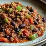 Slow cooker turkey quinoa chili - the image is a close-up of a plate of chili. the chili appears to be made with ground beef, black beans, and red bell peppers. the beef is cooked to a golden brown color and is topped with a sprinkle of sesame seeds. the peppers are bright green and are scattered throughout the dish. the plate is sitting on a wooden table with a dark background.