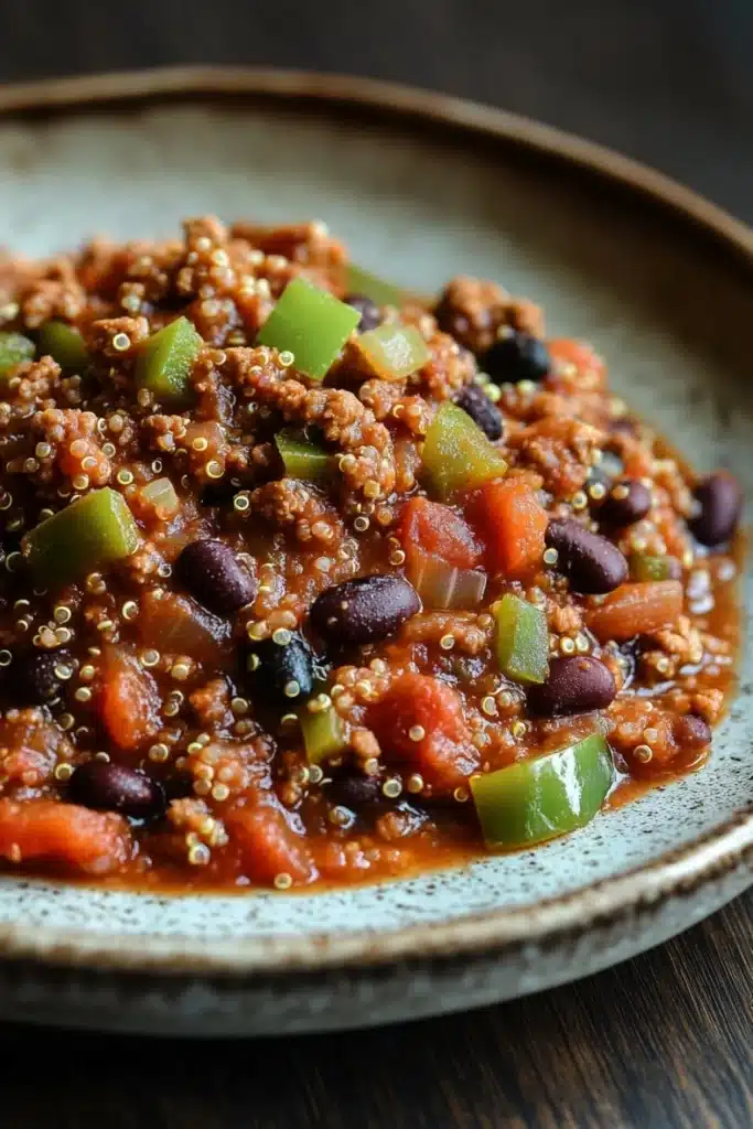Slow cooker turkey quinoa chili - the image is a close-up of a plate of chili. the chili appears to be made with ground beef, black beans, and red bell peppers. the beef is cooked to a golden brown color and is topped with a sprinkle of sesame seeds. the peppers are bright green and are scattered throughout the dish. the plate is sitting on a wooden table with a dark background.