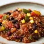 Slow cooker vegetarian quinoa chili - the image is a close-up of a plate of food. the plate is white with a light blue rim and is placed on a white tablecloth. the food appears to be a dish made with black beans, corn kernels, and diced tomatoes. the beans are dark red and appear to be coated in a tomato-based sauce. the corn kernels are yellow and are scattered throughout the dish. the tomatoes are red and yellow, and the peppers are green. the dish looks fresh and appetizing.