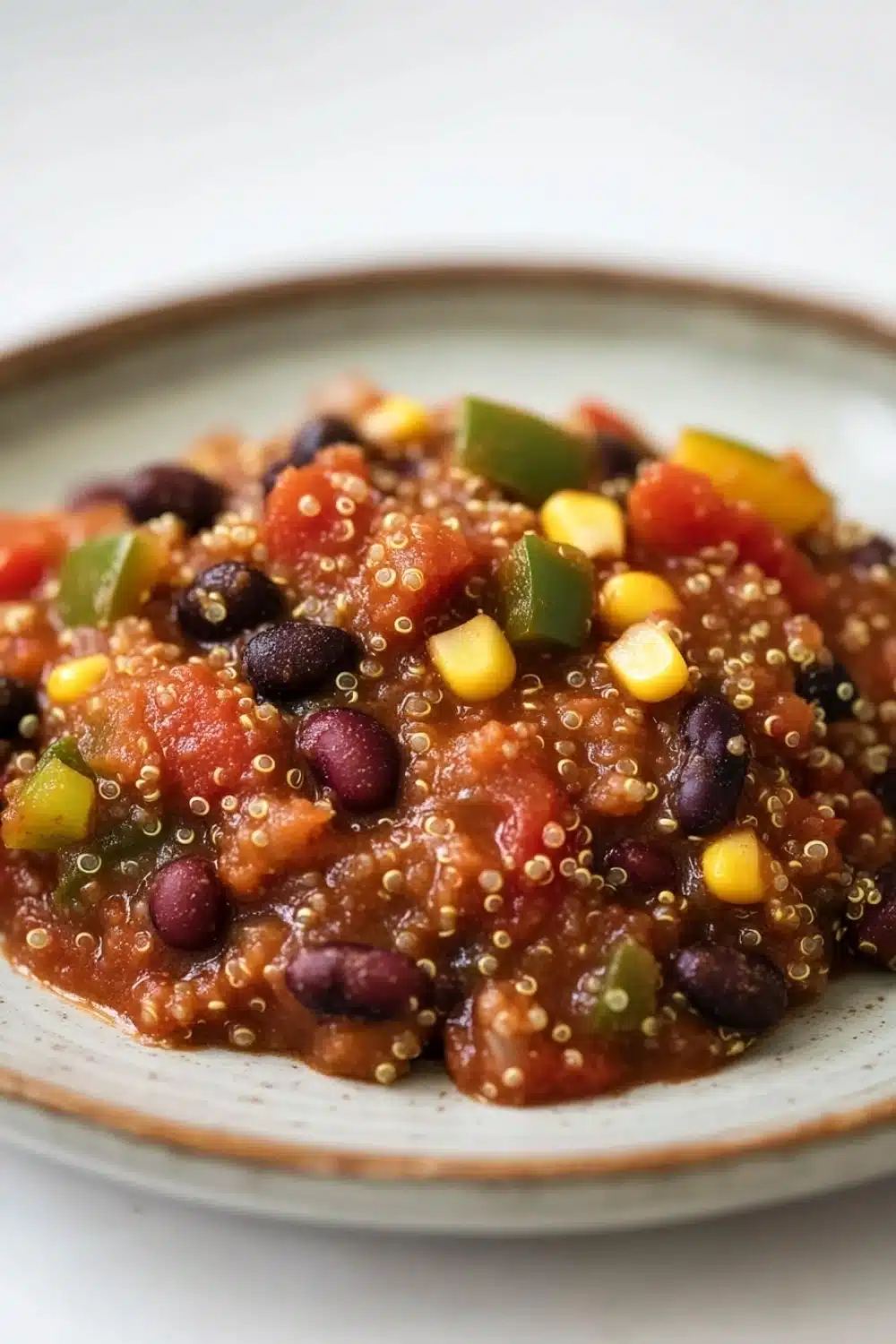 Slow cooker vegetarian quinoa chili - the image is a close-up of a plate of food. the plate is white with a light blue rim and is placed on a white tablecloth. the food appears to be a dish made with black beans, corn kernels, and diced tomatoes. the beans are dark red and appear to be coated in a tomato-based sauce. the corn kernels are yellow and are scattered throughout the dish. the tomatoes are red and yellow, and the peppers are green. the dish looks fresh and appetizing.