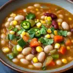 Slow cooker vegetarian white bean chili - the image is a close-up of a bowl of soup. the soup appears to be a creamy orange color and is filled with white beans, corn kernels, red beans, and various vegetables such as carrots, celery, and jalapeno peppers. there are also some fresh cilantro leaves scattered throughout the soup, adding a pop of green color to the dish. the bowl is made of ceramic and is sitting on a dark grey surface.
