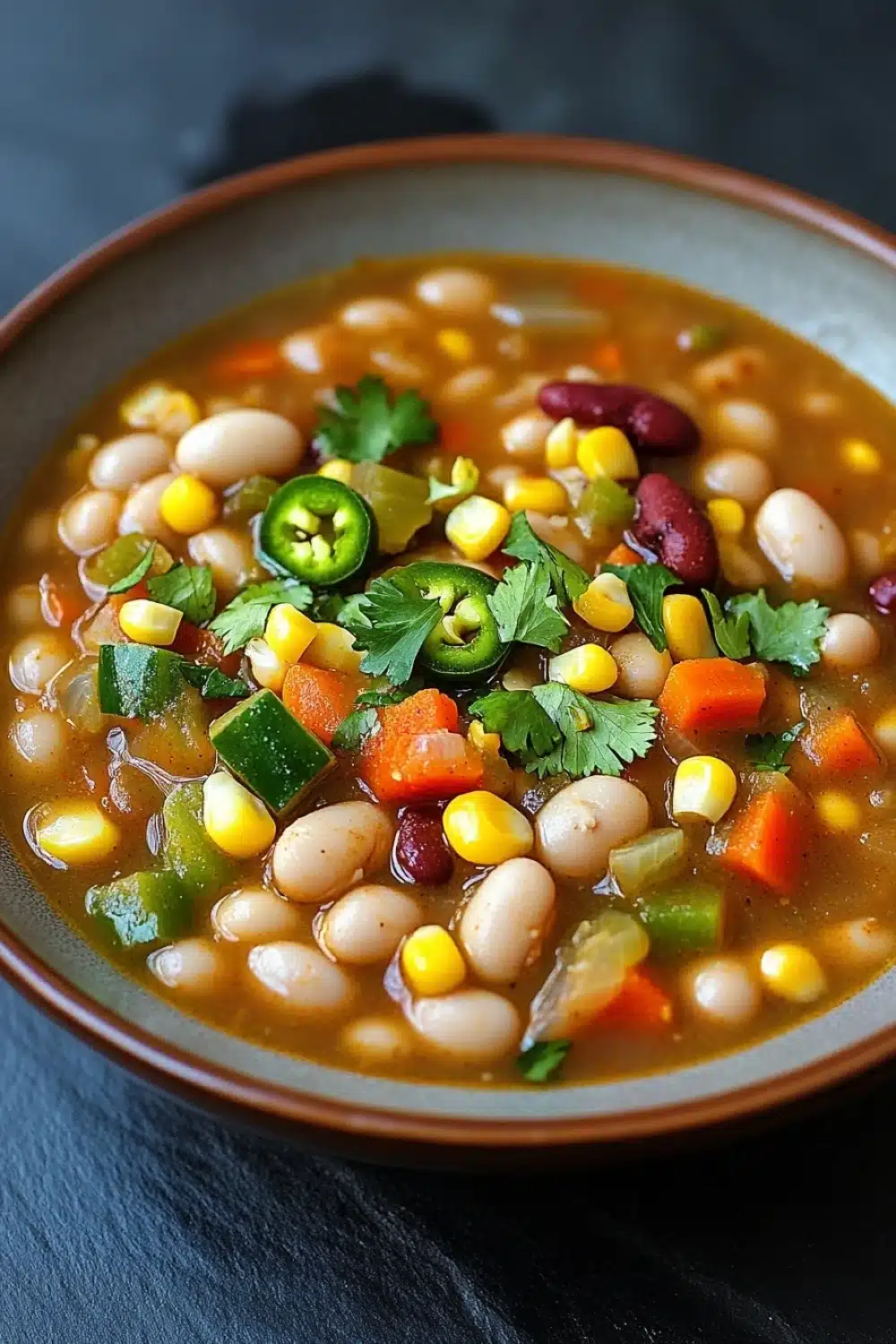 Slow cooker vegetarian white bean chili - the image is a close-up of a bowl of soup. the soup appears to be a creamy orange color and is filled with white beans, corn kernels, red beans, and various vegetables such as carrots, celery, and jalapeno peppers. there are also some fresh cilantro leaves scattered throughout the soup, adding a pop of green color to the dish. the bowl is made of ceramic and is sitting on a dark grey surface.
