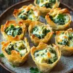 Spinach artichoke dip filo cups - the image shows a plate of mini quiches on a wooden table. the quichettes are golden brown in color and have a flaky crust. they are filled with a mixture of spinach, artichokes, and cheese. the cheese is melted and bubbly, and there are a few sprigs of parsley scattered around the plate. the plate is garnished with a sprig of fresh parsley. the background is blurred, but it appears to be a rustic kitchen countertop.