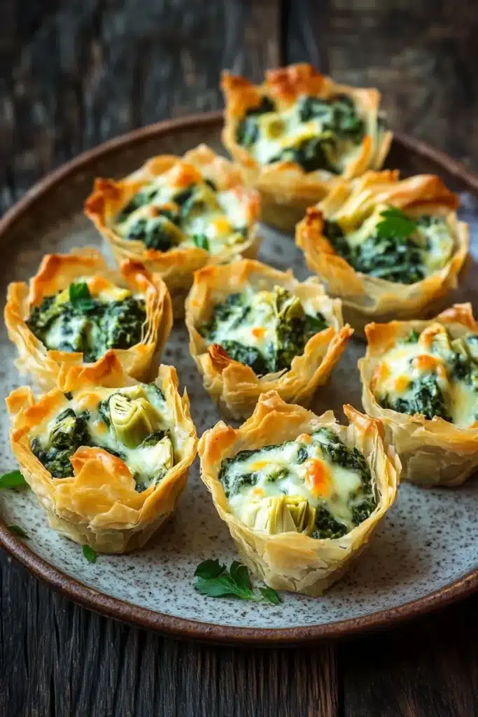 Spinach artichoke dip filo cups - the image shows a plate of mini quiches on a wooden table. the quichettes are golden brown in color and have a flaky crust. they are filled with a mixture of spinach, artichokes, and cheese. the cheese is melted and bubbly, and there are a few sprigs of parsley scattered around the plate. the plate is garnished with a sprig of fresh parsley. the background is blurred, but it appears to be a rustic kitchen countertop.